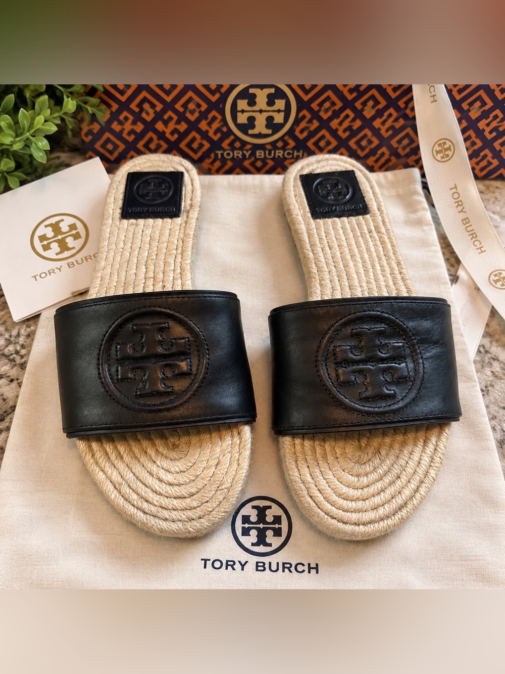 Tory Burch Black Leather Slide Sandals with Natural Rope Footbed